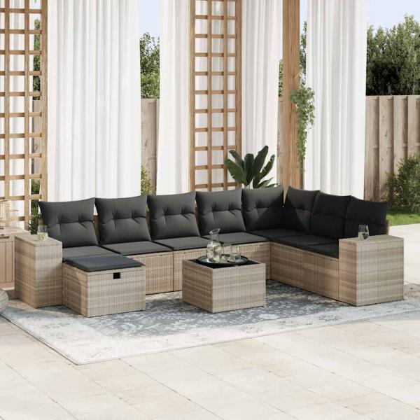 ARDEBO.de - 9-tlg. Garten-Sofagarnitur mit Kissen Hellgrau Poly Rattan