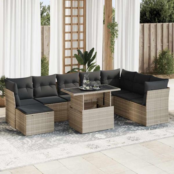 ARDEBO.de - 9-tlg. Garten-Sofagarnitur mit Kissen Hellgrau Poly Rattan