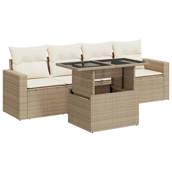 5-tlg. Garten-Sofagarnitur mit Kissen Beige Poly Rattan