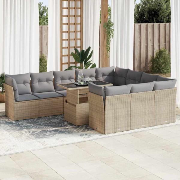 ARDEBO.de - 11-tlg. Garten-Sofagarnitur mit Kissen Beige Poly Rattan