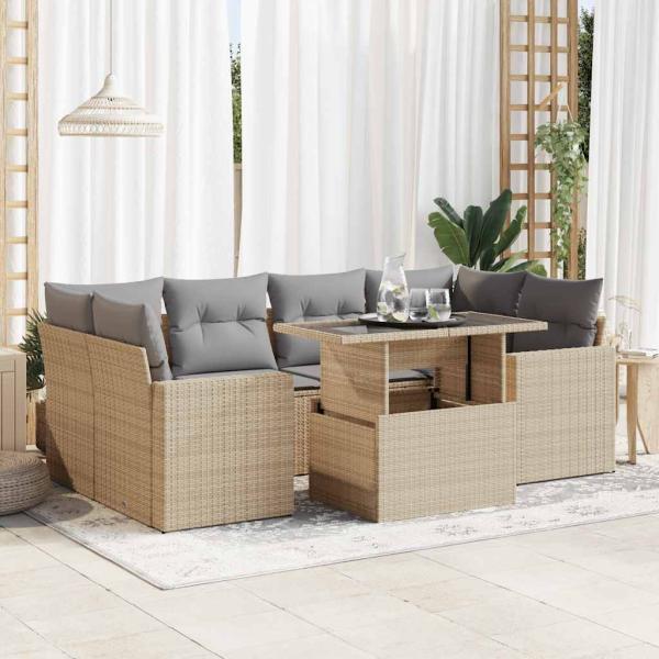 ARDEBO.de - 7-tlg. Garten-Sofagarnitur mit Kissen Beige Poly Rattan