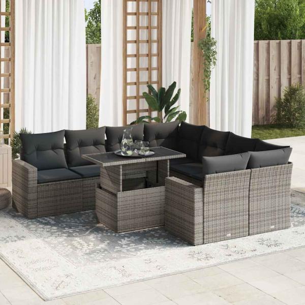 ARDEBO.de - 9-tlg. Garten-Sofagarnitur mit Kissen Grau Poly Rattan