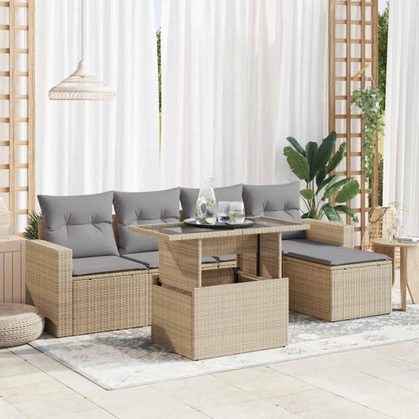 ARDEBO.de - 6-tlg. Garten-Sofagarnitur mit Kissen Beige Poly Rattan