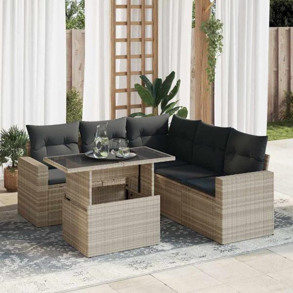 ARDEBO.de - 6-tlg. Garten-Sofagarnitur mit Kissen Hellgrau Poly Rattan