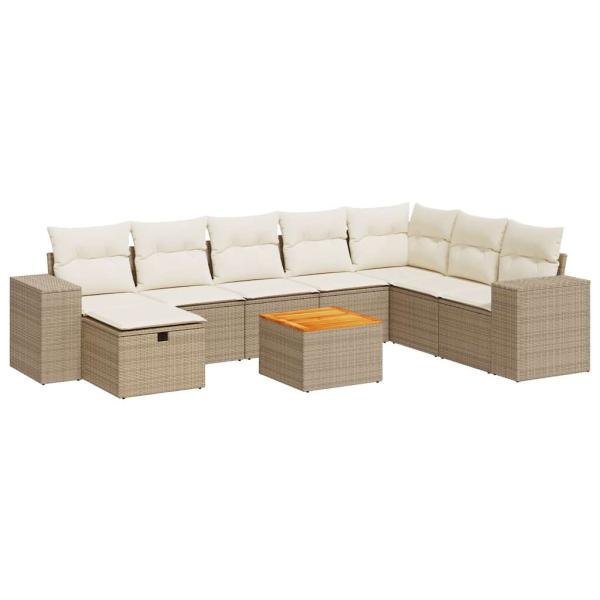 9-tlg. Garten-Sofagarnitur mit Kissen Beige Poly Rattan