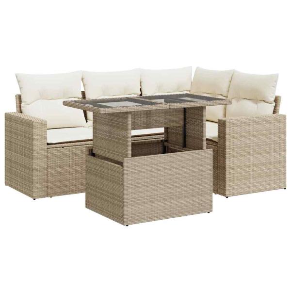 5-tlg. Garten-Sofagarnitur mit Kissen Beige Poly Rattan