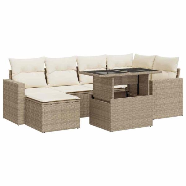 7-tlg. Garten-Sofagarnitur mit Kissen Beige Poly Rattan