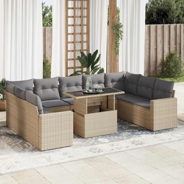 ARDEBO.de - 10-tlg. Garten-Sofagarnitur mit Kissen Beige Poly Rattan