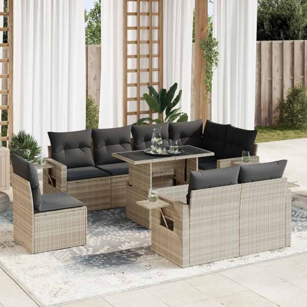 ARDEBO.de - 9-tlg. Garten-Sofagarnitur mit Kissen Hellgrau Poly Rattan