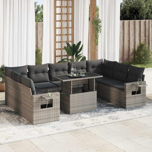 ARDEBO.de - 10-tlg. Garten-Sofagarnitur mit Kissen Grau Poly Rattan