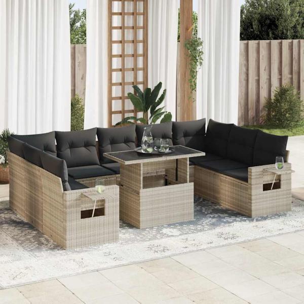 ARDEBO.de - 10-tlg. Garten-Sofagarnitur mit Kissen Hellgrau Poly Rattan