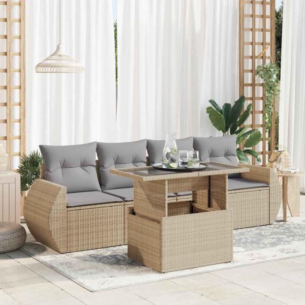 ARDEBO.de - 5-tlg. Garten-Sofagarnitur mit Kissen Beige Poly Rattan