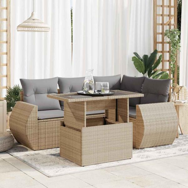 ARDEBO.de - 5-tlg. Garten-Sofagarnitur mit Kissen Beige Poly Rattan