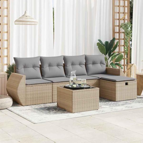 ARDEBO.de - 6-tlg. Garten-Sofagarnitur mit Kissen Beige Poly Rattan