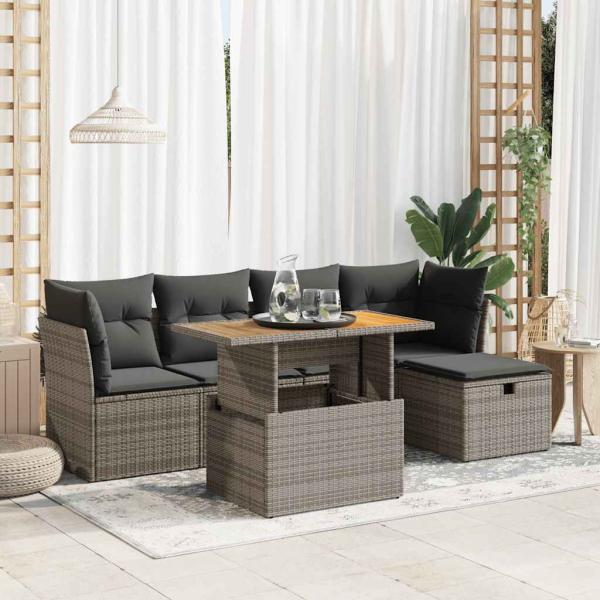 ARDEBO.de - 6-tlg. Garten-Sofagarnitur mit Kissen Grau Poly Rattan Akazie