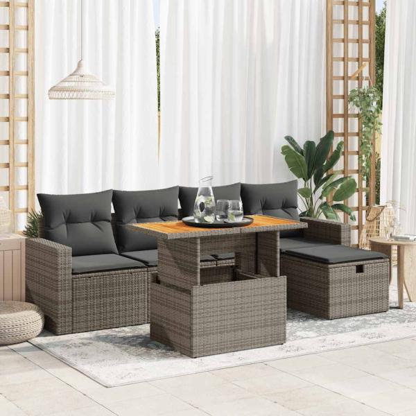 ARDEBO.de - 6-tlg. Garten-Sofagarnitur mit Kissen Grau Poly Rattan Akazie