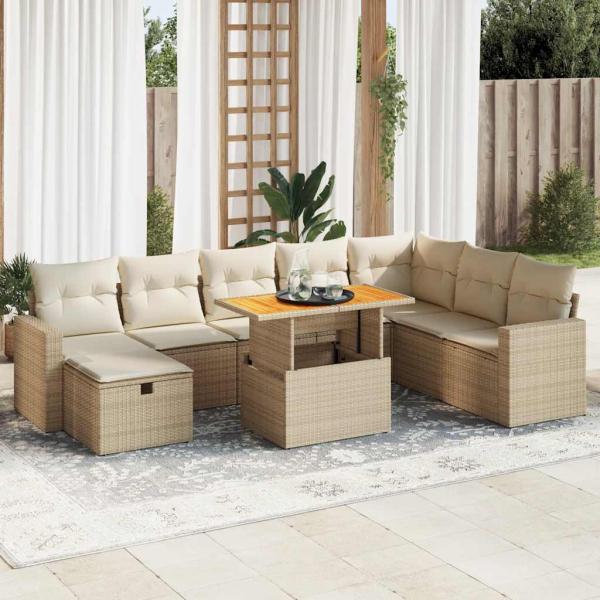 ARDEBO.de - 9-tlg. Garten-Sofagarnitur mit Kissen Beige Poly Rattan Akazie