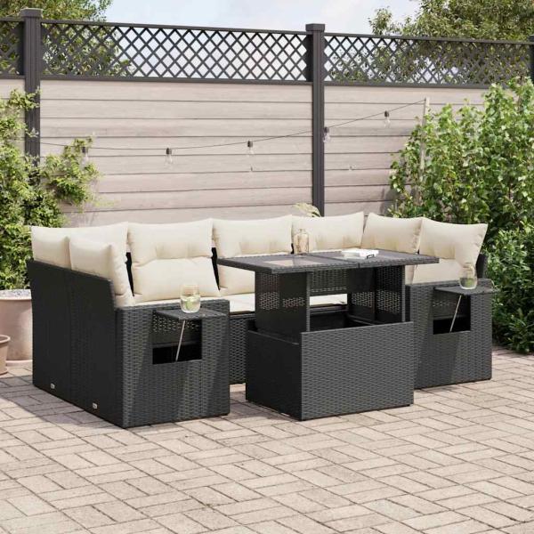 ARDEBO.de - 7-tlg. Garten-Sofagarnitur mit Kissen Schwarz Poly Rattan