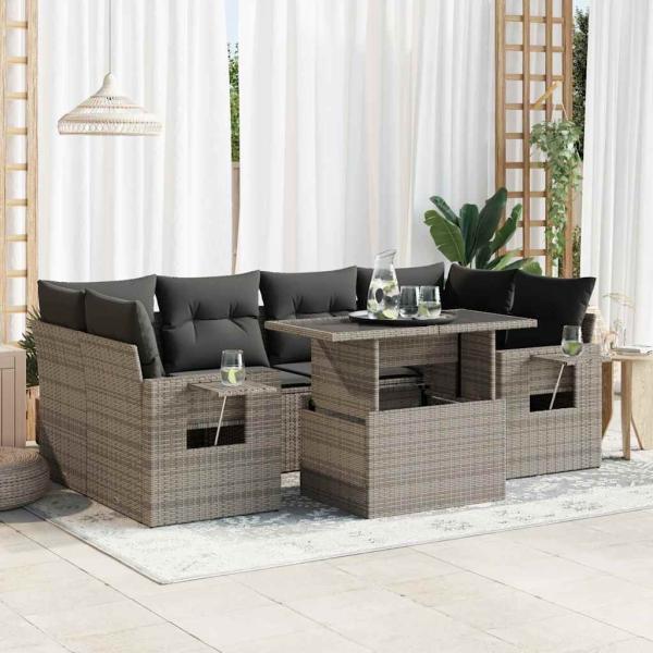 ARDEBO.de - 7-tlg. Garten-Sofagarnitur mit Kissen Grau Poly Rattan