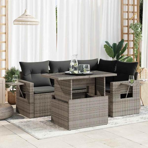 ARDEBO.de - 5-tlg. Garten-Sofagarnitur mit Kissen Grau Poly Rattan