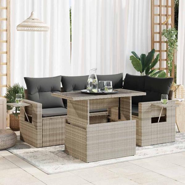 ARDEBO.de - 5-tlg. Garten-Sofagarnitur mit Kissen Hellgrau Poly Rattan