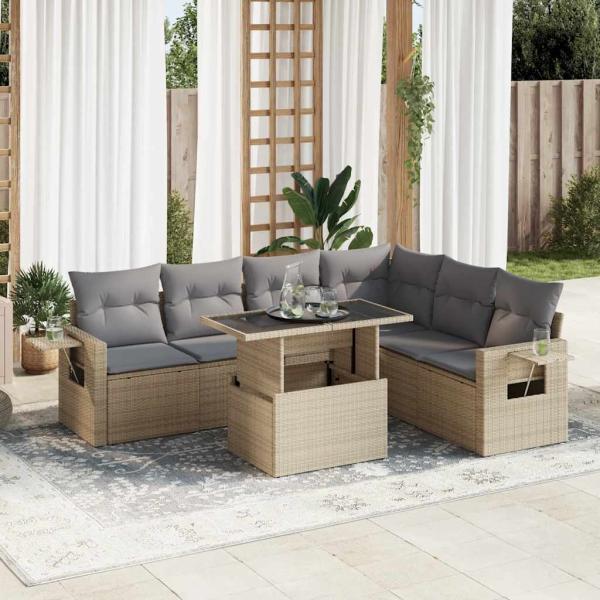 ARDEBO.de - 7-tlg. Garten-Sofagarnitur mit Kissen Beige Poly Rattan