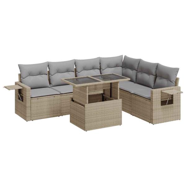 7-tlg. Garten-Sofagarnitur mit Kissen Beige Poly Rattan