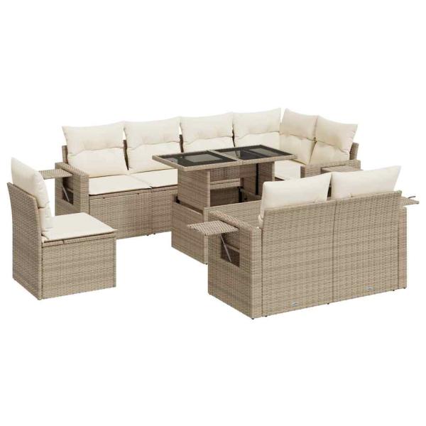9-tlg. Garten-Sofagarnitur mit Kissen Beige Poly Rattan
