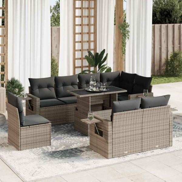 ARDEBO.de - 9-tlg. Garten-Sofagarnitur mit Kissen Grau Poly Rattan