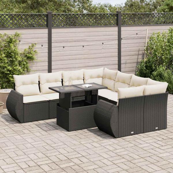 ARDEBO.de - 9-tlg. Garten-Sofagarnitur mit Kissen Schwarz Poly Rattan