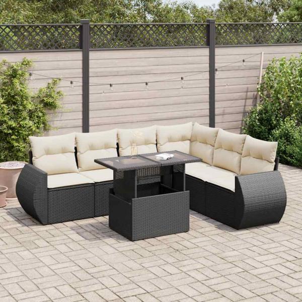 ARDEBO.de - 7-tlg. Garten-Sofagarnitur mit Kissen Schwarz Poly Rattan
