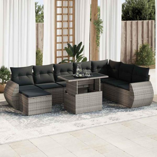 ARDEBO.de - 9-tlg. Garten-Sofagarnitur mit Kissen Grau Poly Rattan