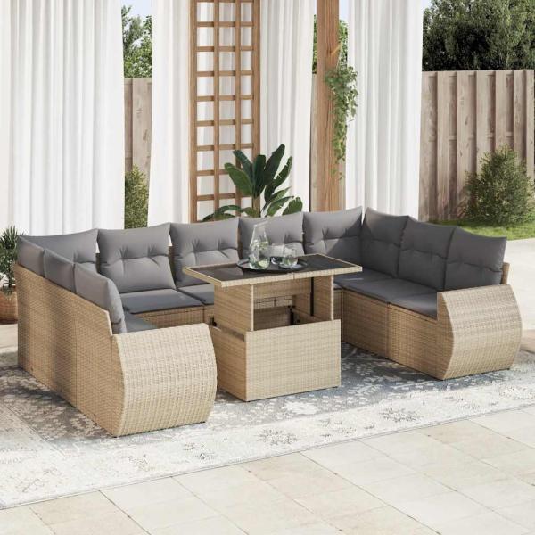 ARDEBO.de - 10-tlg. Garten-Sofagarnitur mit Kissen Beige Poly Rattan