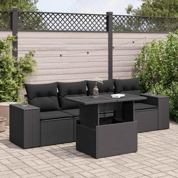 ARDEBO.de - 5-tlg. Garten-Sofagarnitur mit Kissen Schwarz Poly Rattan