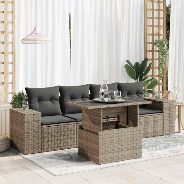 ARDEBO.de - 5-tlg. Garten-Sofagarnitur mit Kissen Grau Poly Rattan