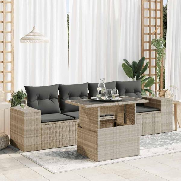ARDEBO.de - 5-tlg. Garten-Sofagarnitur mit Kissen Hellgrau Poly Rattan