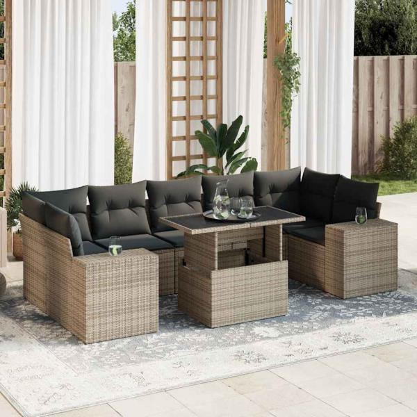 ARDEBO.de - 8-tlg. Garten-Sofagarnitur mit Kissen Grau Poly Rattan