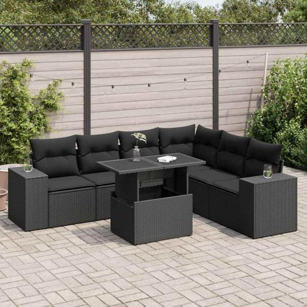 ARDEBO.de - 7-tlg. Garten-Sofagarnitur mit Kissen Schwarz Poly Rattan