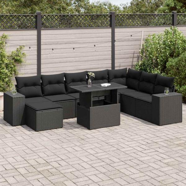 ARDEBO.de - 9-tlg. Garten-Sofagarnitur mit Kissen Schwarz Poly Rattan