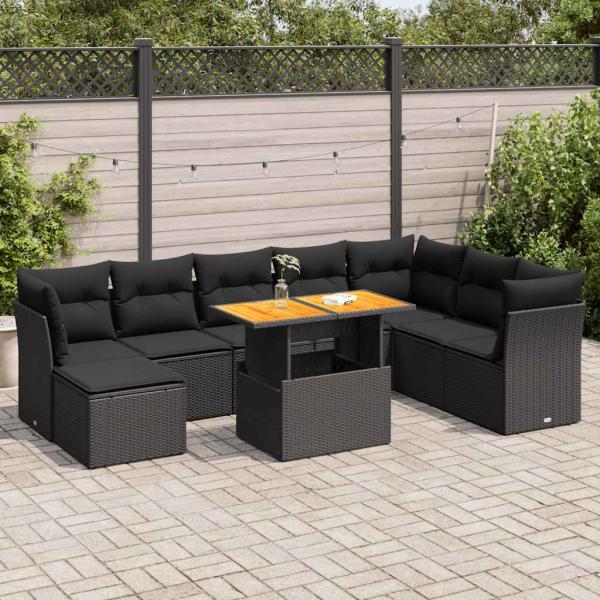 ARDEBO.de - 9-tlg. Garten-Sofagarnitur mit Kissen Schwarz Poly Rattan