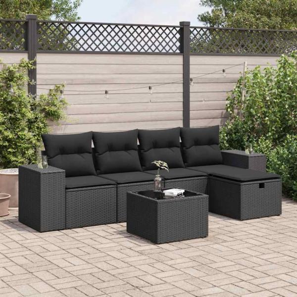 ARDEBO.de - 6-tlg. Garten-Sofagarnitur mit Kissen Schwarz Poly Rattan