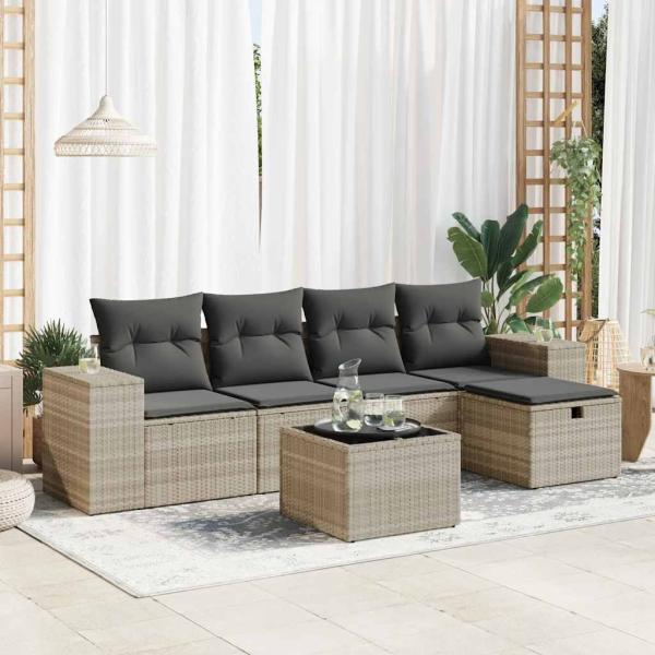 ARDEBO.de - 6-tlg. Garten-Sofagarnitur mit Kissen Hellgrau Poly Rattan