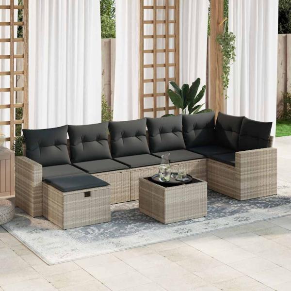 ARDEBO.de - 8-tlg. Garten-Sofagarnitur mit Kissen Hellgrau Poly Rattan