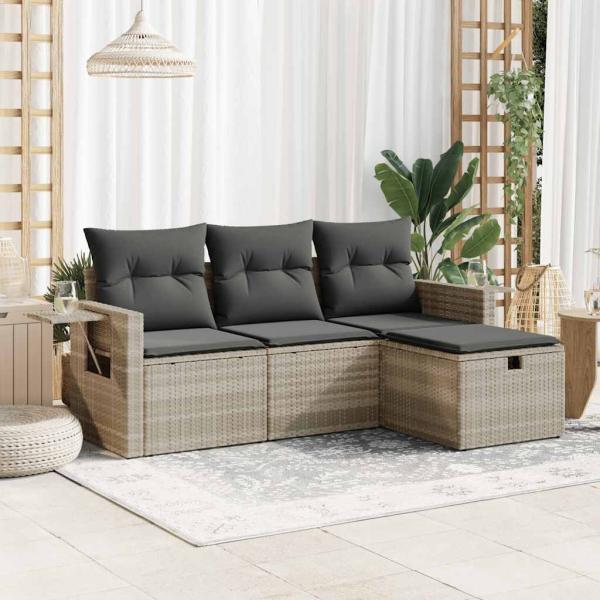 ARDEBO.de - 4-tlg. Garten-Sofagarnitur mit Kissen Hellgrau Poly Rattan