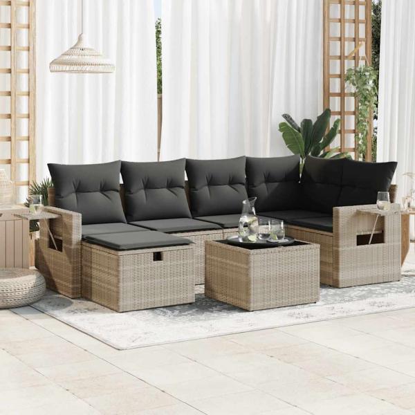 ARDEBO.de - 7-tlg. Garten-Sofagarnitur mit Kissen Hellgrau Poly Rattan