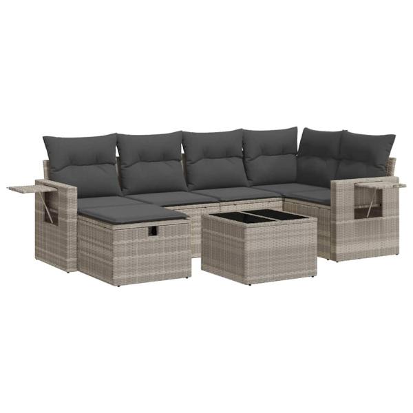 7-tlg. Garten-Sofagarnitur mit Kissen Hellgrau Poly Rattan