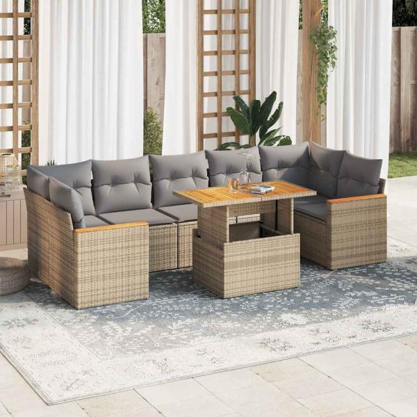 ARDEBO.de - 7-tlg. Garten-Sofagarnitur mit Kissen Beige Poly Rattan Akazie