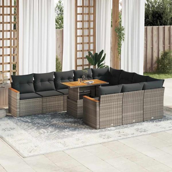 ARDEBO.de - 11-tlg. Garten-Sofagarnitur mit Kissen Grau Poly Rattan Akazie