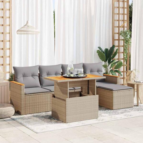 ARDEBO.de - 6-tlg. Garten-Sofagarnitur mit Kissen Beige Poly Rattan Akazie