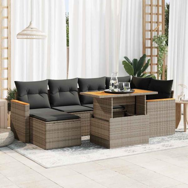 ARDEBO.de - 7-tlg. Garten-Sofagarnitur mit Kissen Grau Poly Rattan Akazie